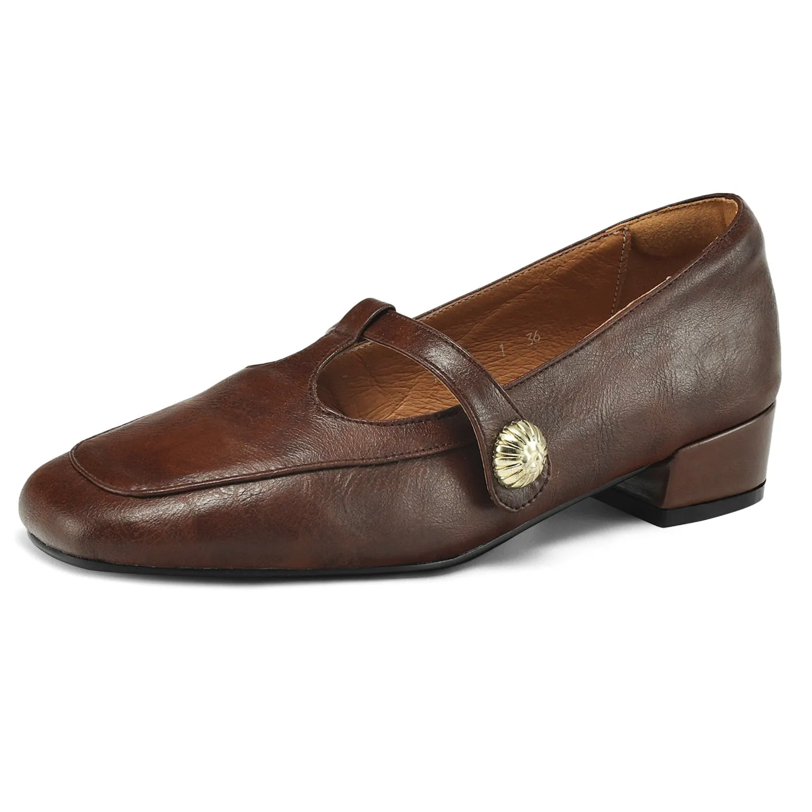 Women's Retro Low Heel T-Strap Handmade Leather Shoes