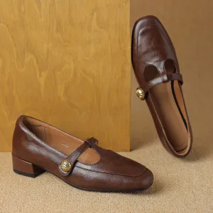 Women's Retro Low Heel T-Strap Handmade Leather Shoes